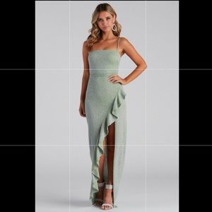 Windsor, sage green, glitter prom dress